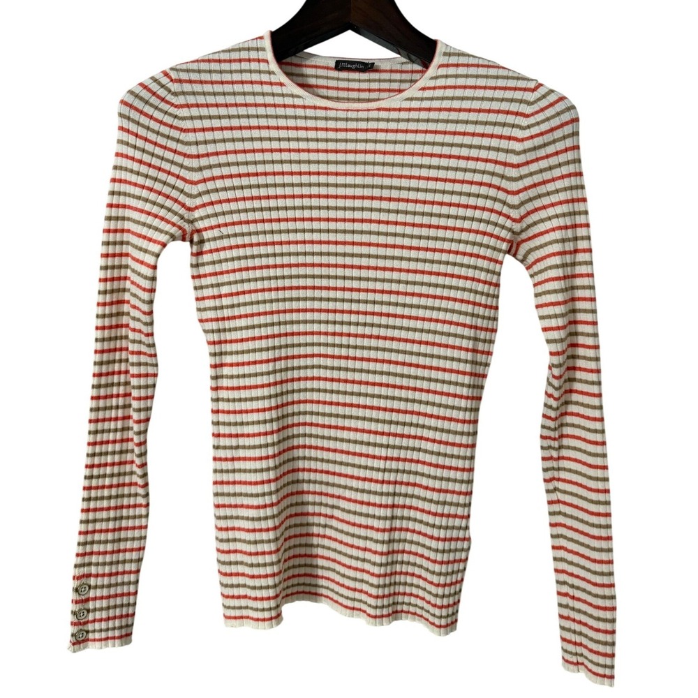 J‎ McLaughlin Women's Striped Ribbed Knit Sweater Size Small Coral Brown Cream
